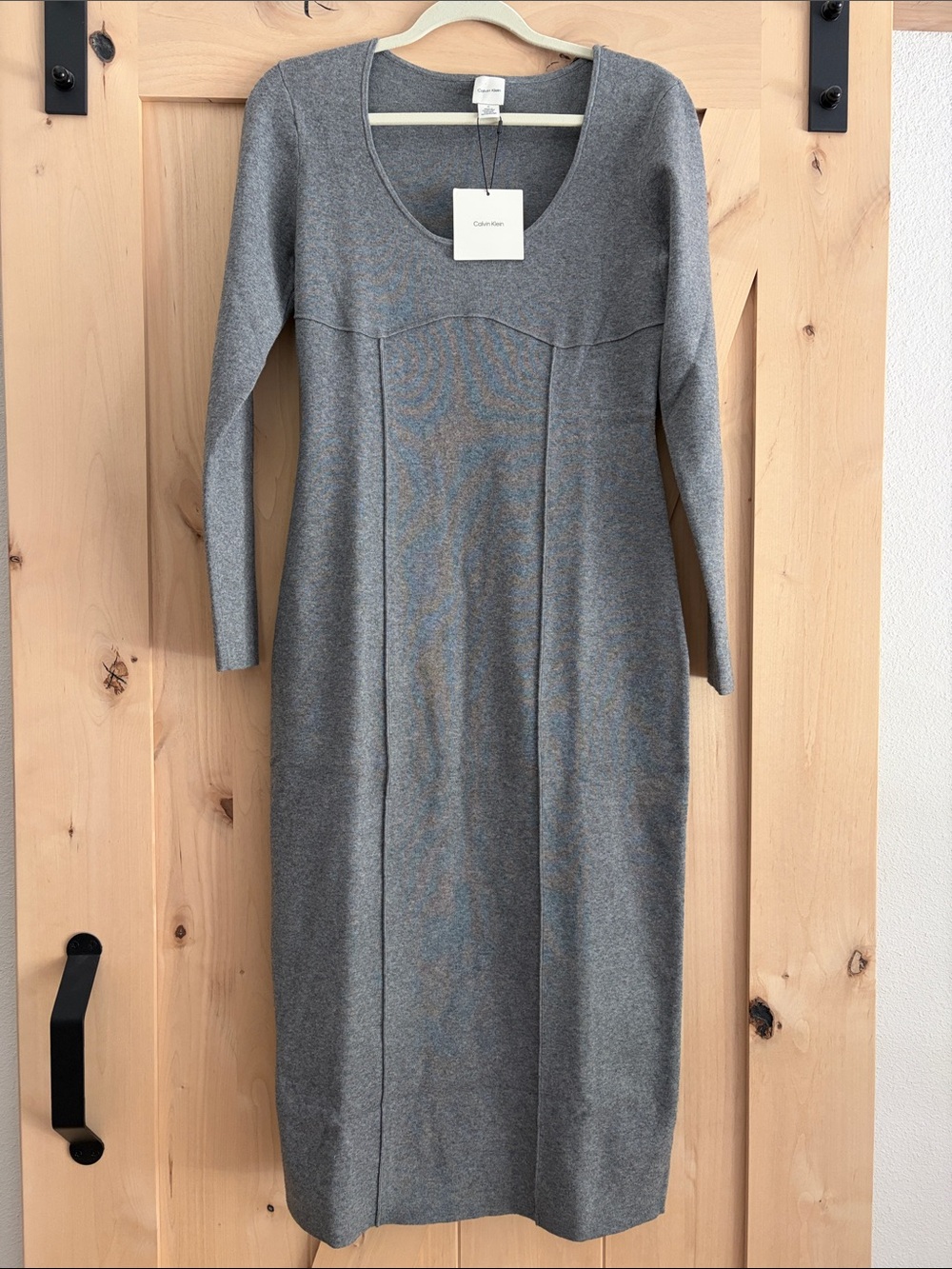 CALVIN KLEIN Gray Scoop-Neck Long-Sleeve Knit Sweater Midi Dress (M) NWT!